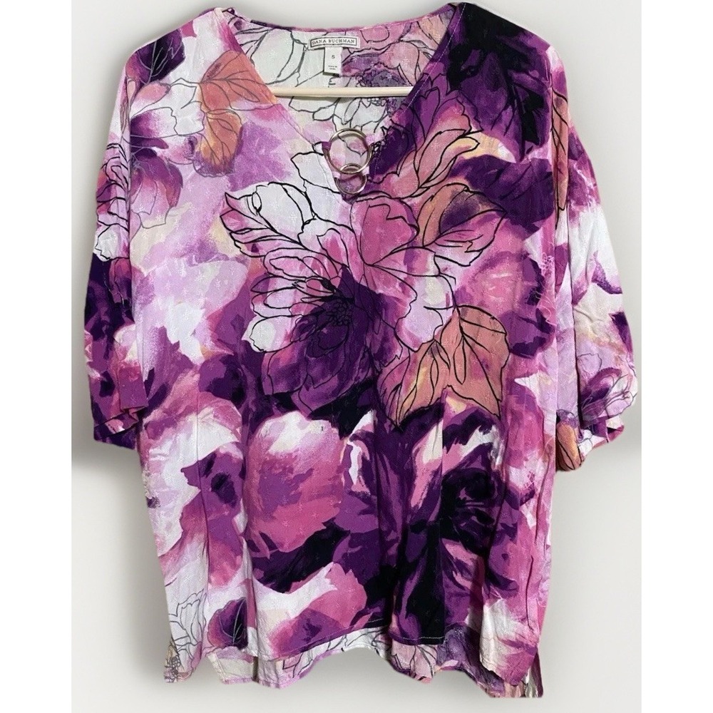 Dana Buchman Womens Purple Floral V-Neck Blouse Gold Ring Detail Size S Rayon